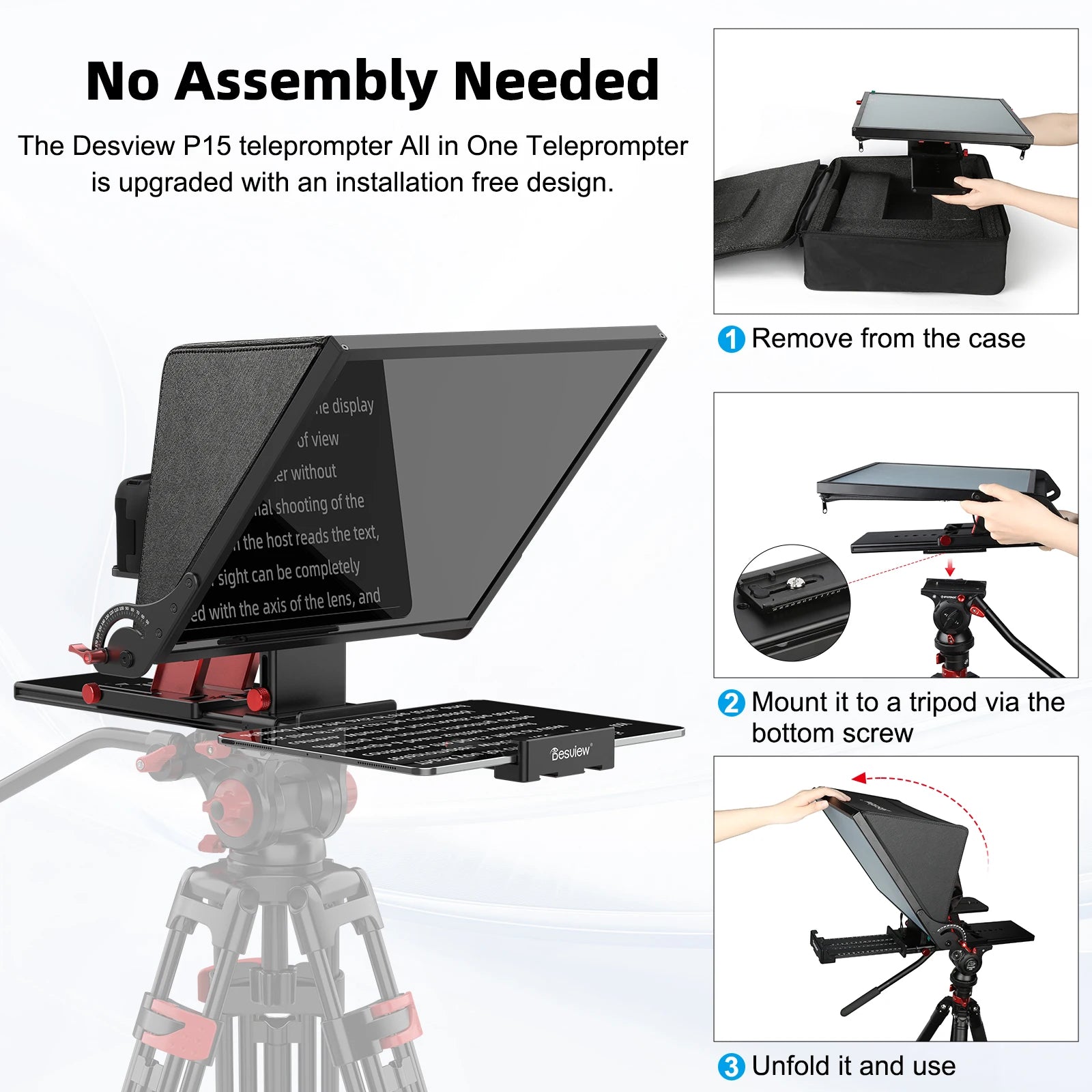 Desview P15 Teleprompter 15 inch Aluminum Alloy Teleprompter, High Display Glass for iPad Tablet Phone DSLR Camera No Assembly