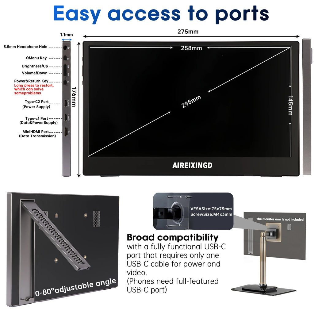 11.6 Inch Portable Monitor HDMI-Compatible Laptop second screen Gaming Extended Display For Switch/PS4/Xbox/Raspberry Pi