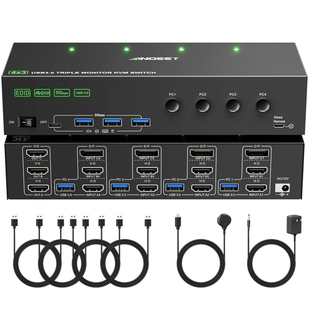 KVM Switch 3 Monitors 4 Computers 4K@60Hz 4K144Hz 8K260Hz,USB 3.0 HDMI Displayport KVM Switch Triple Monitor for Keyboard Mouse