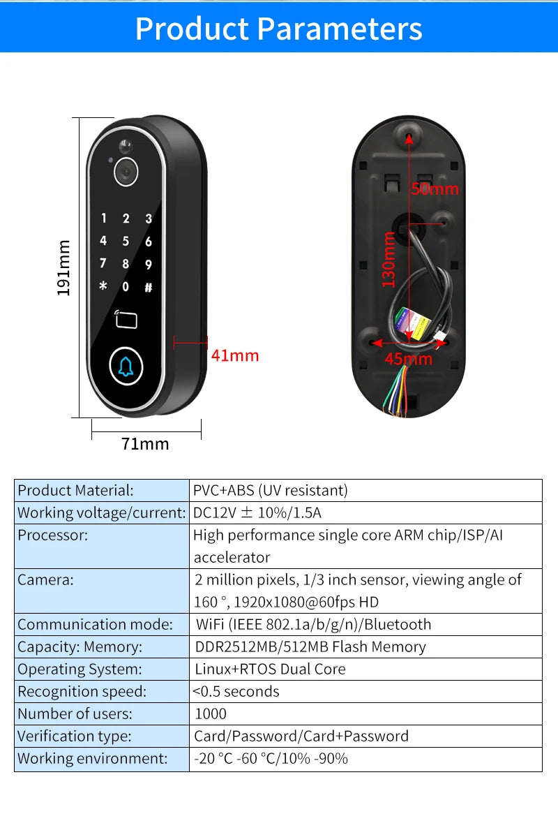 1080P Tuya Smart Doorbell Wifi Video Intercom with Motion Detection Unlock by Remote Control RFID Card NFC APP Access Control