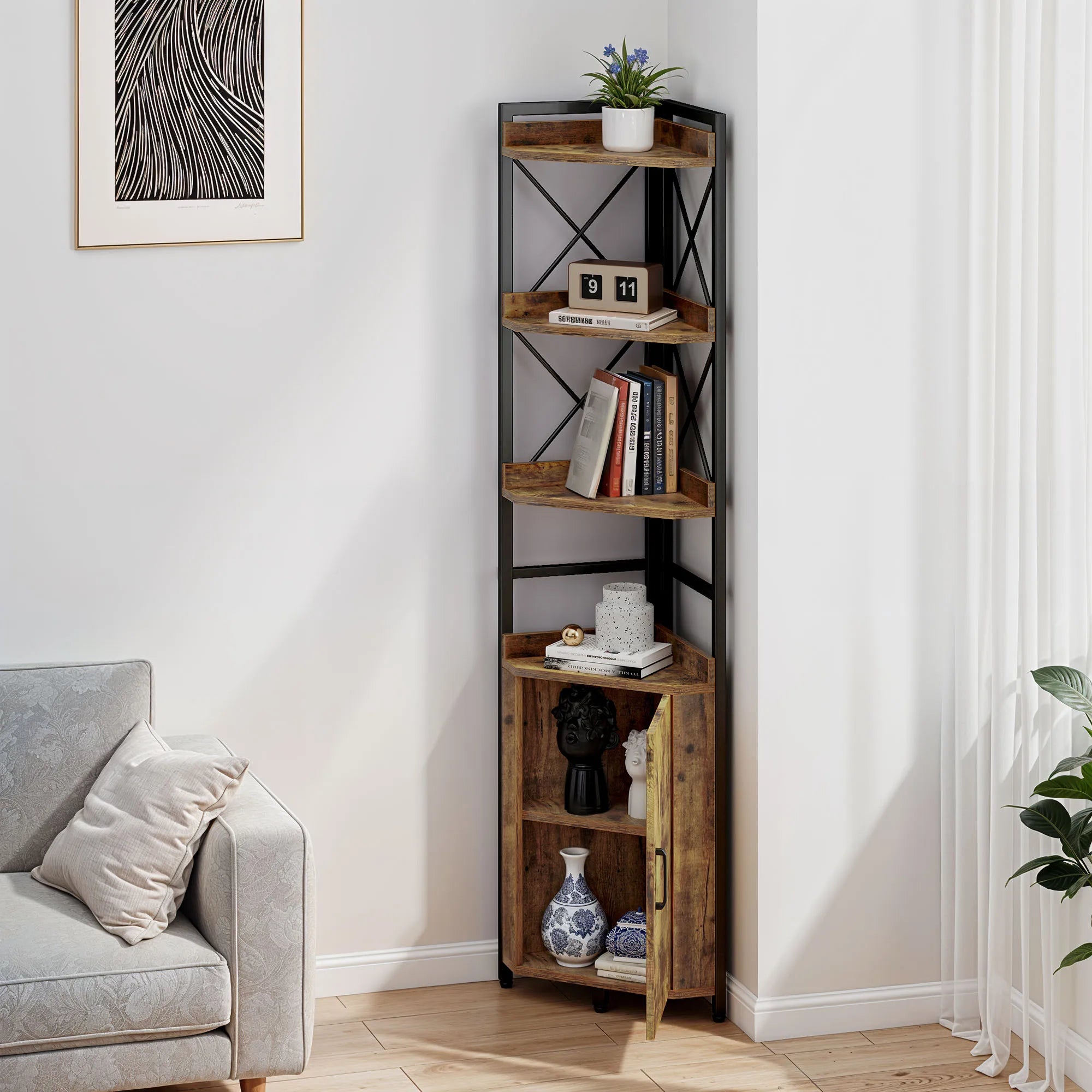 YITAHOME Rustic Brown 4-Tier Corner Bookshelf - Industrial Wood & Metal Storage Cabinet for Living Room/Office/Hallway