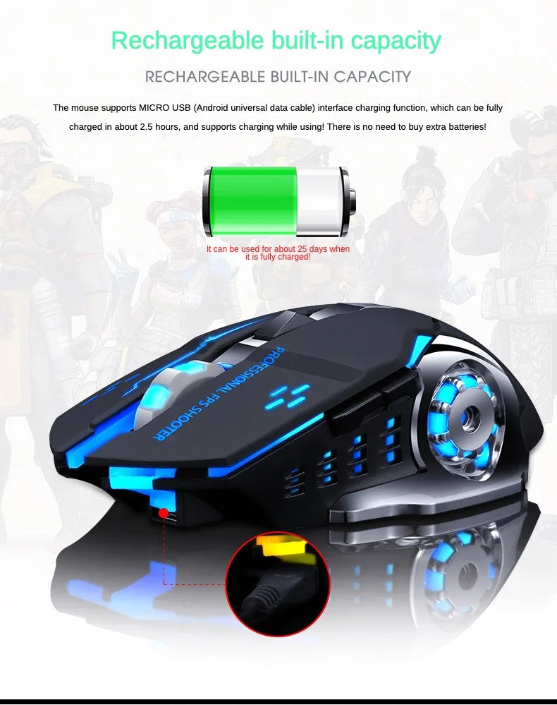 Wireless Computer Gaming Mouse, Mice With LED Backlit, Ergonomic Gamer Mouse With 6 Silent Buttons, 3 Adjustable DPI for PC
