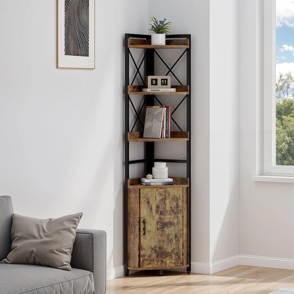YITAHOME Rustic Brown 4-Tier Corner Bookshelf - Industrial Wood & Metal Storage Cabinet for Living Room/Office/Hallway