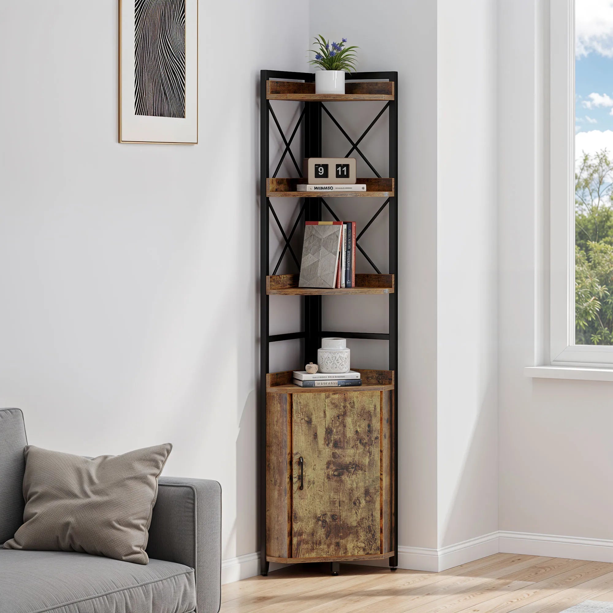 YITAHOME Rustic Brown 4-Tier Corner Bookshelf - Industrial Wood & Metal Storage Cabinet for Living Room/Office/Hallway