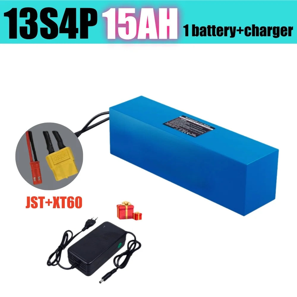 13S4P 48V 15Ah battery pack with 30A BMS, suitable for 48V250-1500W motor XT60 connector lithium ion battery 18650.00