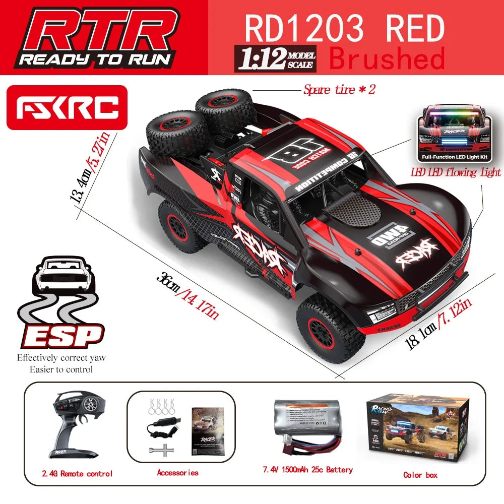 Hb-Rd1201-1204 1:12 Scale 4WD High-Speed Remote Control Car with LED Light 2.4GHz Frequency 45km/h RC Short Truck Toy Model