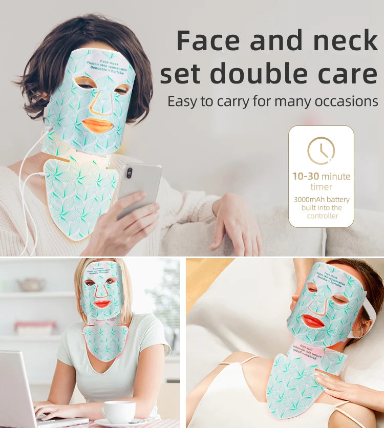 7 Colors + Infrared LED Face Mask and Neck Red Light Therapy Anti Aging Wrinkle Acne Pore Oil Control Skin Tighten Whiten