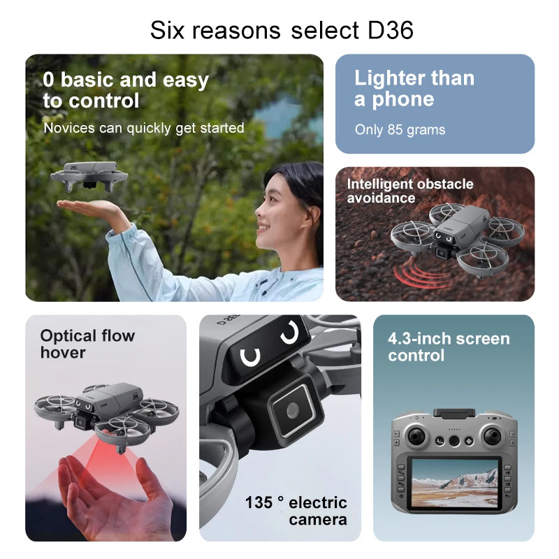 D36 Drone 4K HD Aerial Photography Dual Cameras Screen RC Quadcopter with Dynamic Lighting Optical Flow UAV Toys Gifts