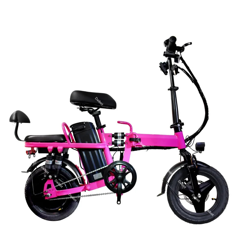 Canada Stock 14 Inch Folding Electric Bicycle For Woman With 2 Seats 500W 48V Pink Lightweight Electric Bike For Adults With USB