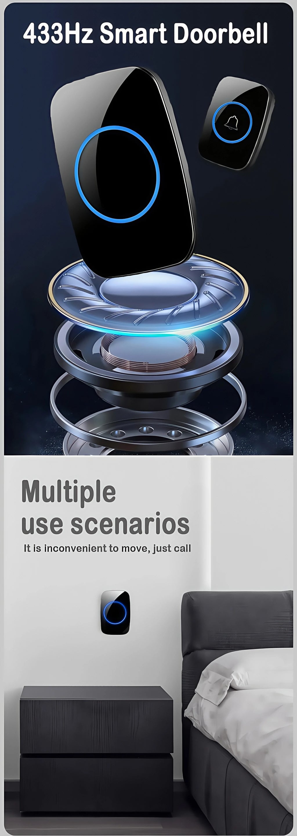 Smart Wireless Doorbell – Waterproof, 150M Range, Battery-Powered, Long-Distance Chime, Easy Installation for Home & Office