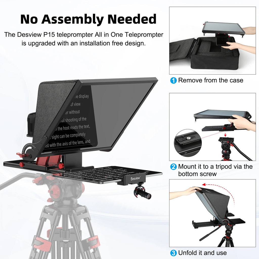 Desview P15 Teleprompter 15 inch Aluminum Alloy Teleprompter, High Display Glass for iPad Tablet Phone DSLR Camera No Assembly