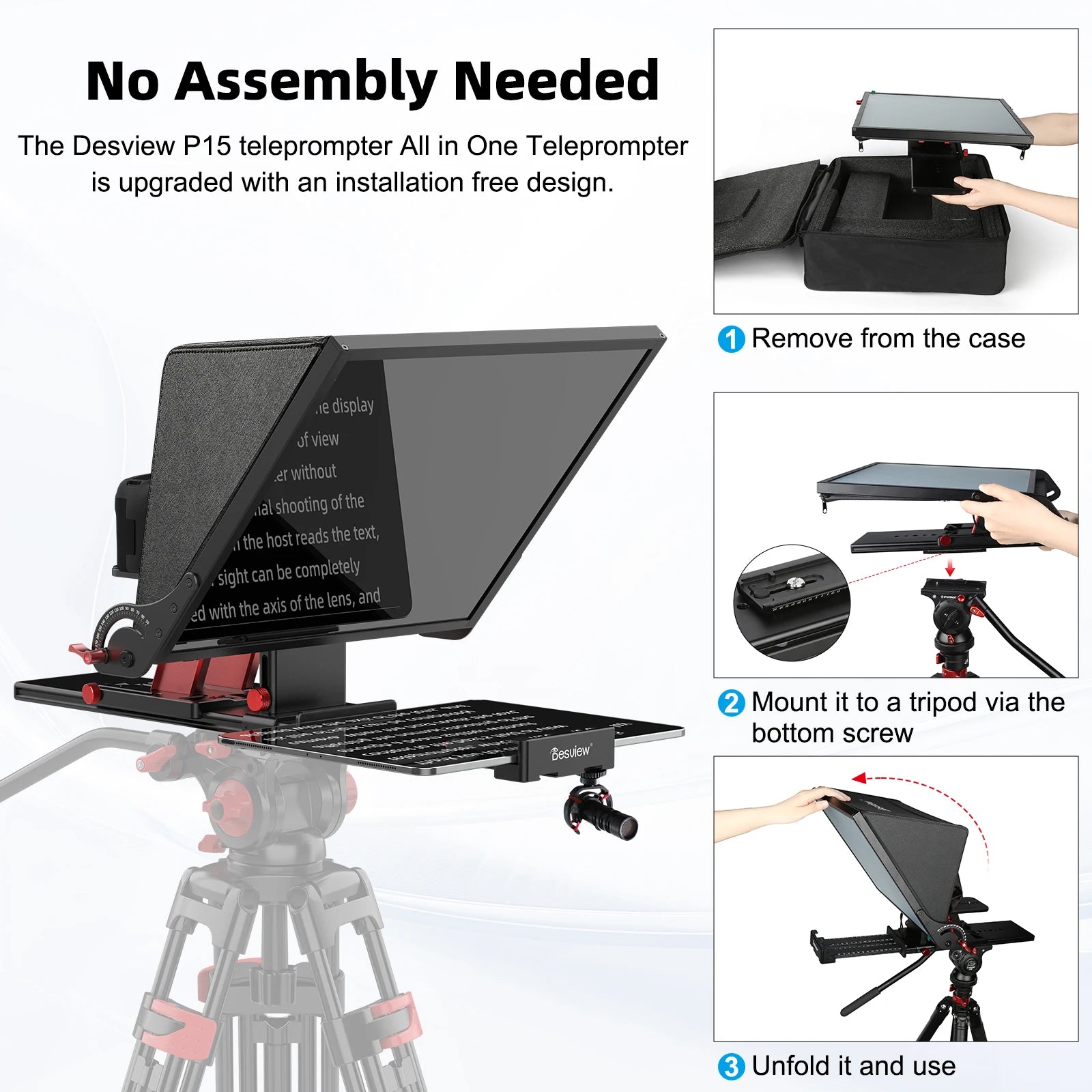 Desview P15 Teleprompter 15 inch Aluminum Alloy Teleprompter, High Display Glass for iPad Tablet Phone DSLR Camera No Assembly