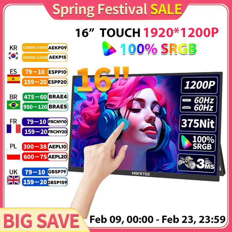 HGFRTEE 16inch Touch Portable Monitor 16:10 96%sRGB 350Cd/m² Second Screen For Laptop With Holder Stand Type-C HDMI-Compatible