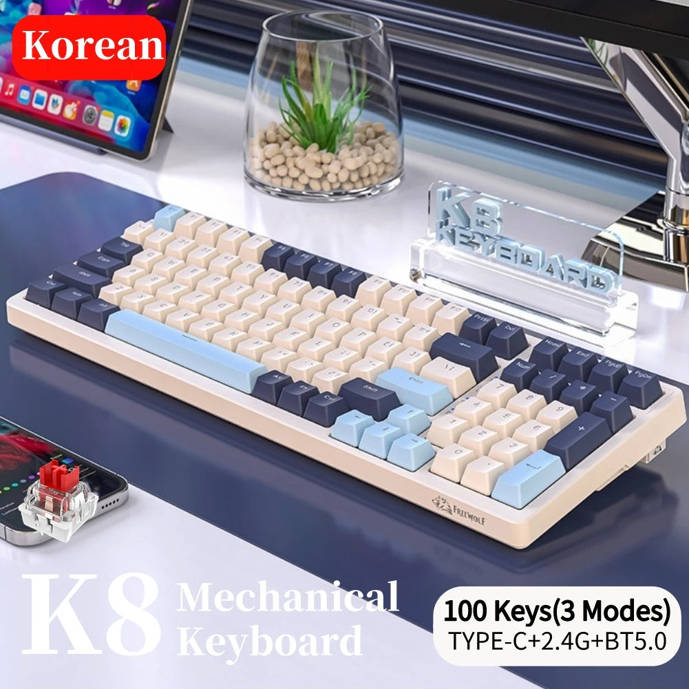 Korean K96 Mechanical Gaming Keyboard Wireless Wired Keyboard Bluetooth-compatible Gamer Keypad 100 Keys K6 Personalized Keycap