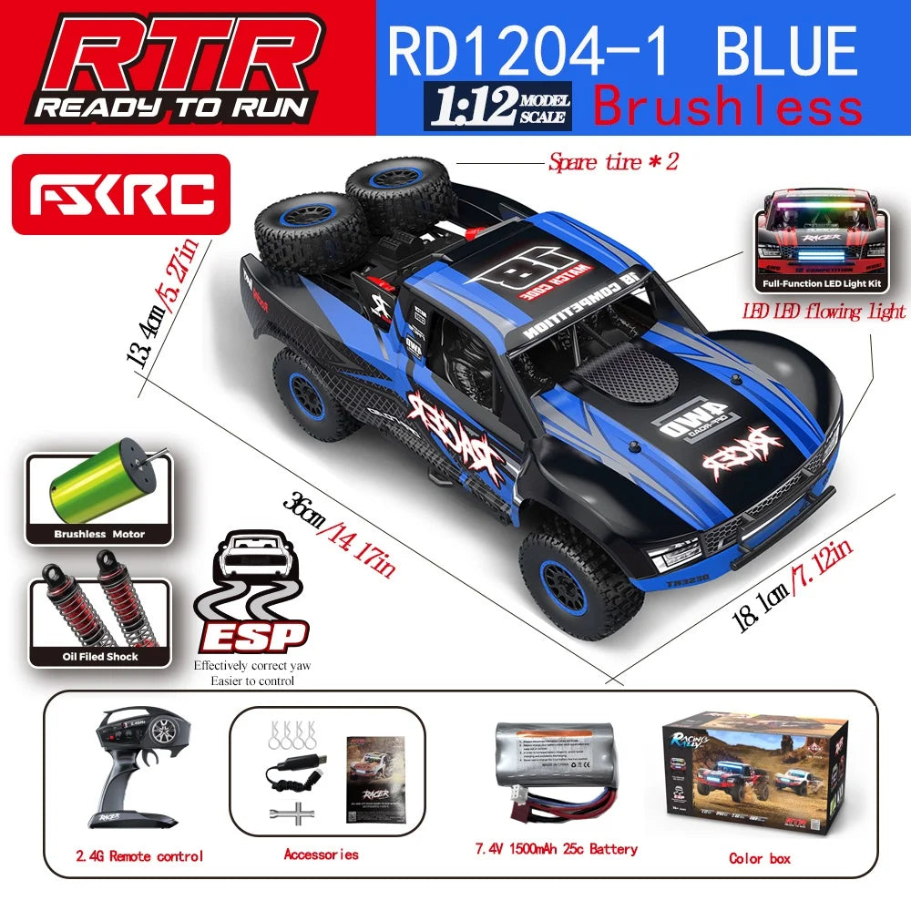 Hb-Rd1201-1204 1:12 Scale 4WD High-Speed Remote Control Car with LED Light 2.4GHz Frequency 45km/h RC Short Truck Toy Model