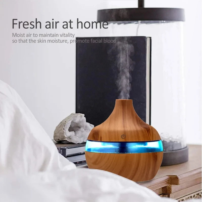 300ml High Quality Aromatherapy Essential Oil Diffuser Wood Grain Remote Control Ultrasonic Air Humidifier with 7 Colors Light
