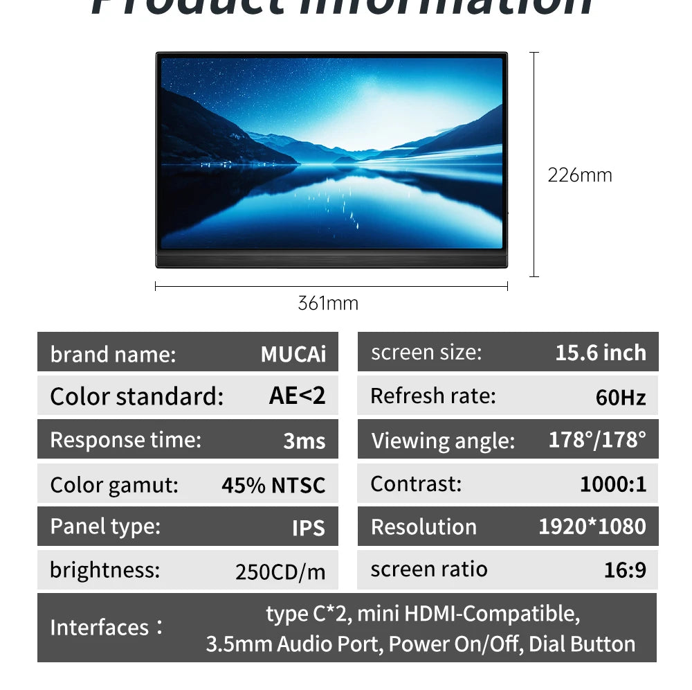 MUCAl 15.6 inch Portable Monitor FHD 1920*1080 Travel Gaming 15.6" Display Screen for Laptop Phone Switch ps4 ps5 XboX MacBook