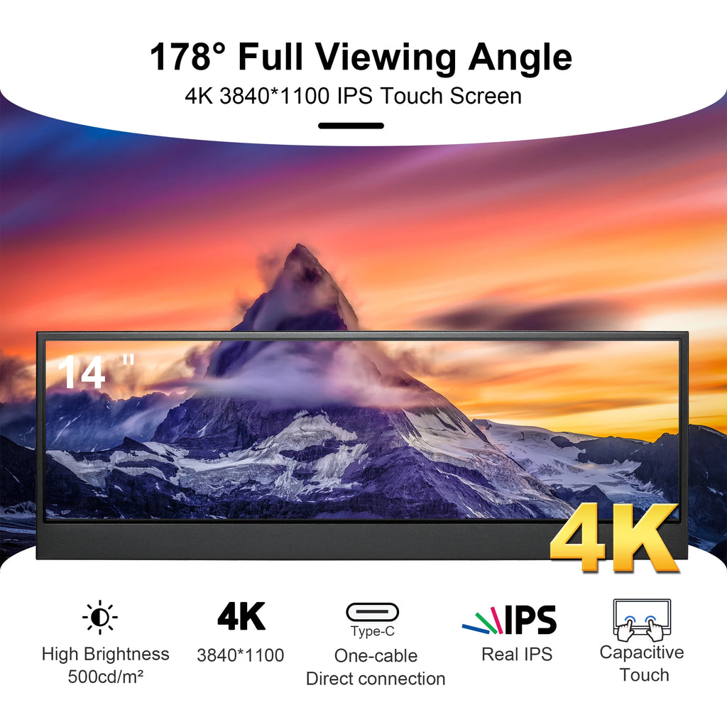 Wisecoco 14 Inch Widescreen Stretched Bar Monitor 3840x1100 4K IPS LCD Monitor Aida64 Raspberry Pi Win10 11 PC Secondary Monitor