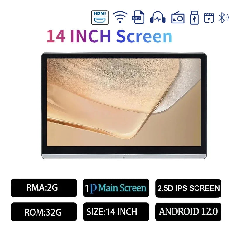 13.3/14" Car Headrest Monitor Display IPS Android 12 2G+32G/4G+64G/8G+128G Touch Screen For Car Rear Seat Player Dual HDMI Music