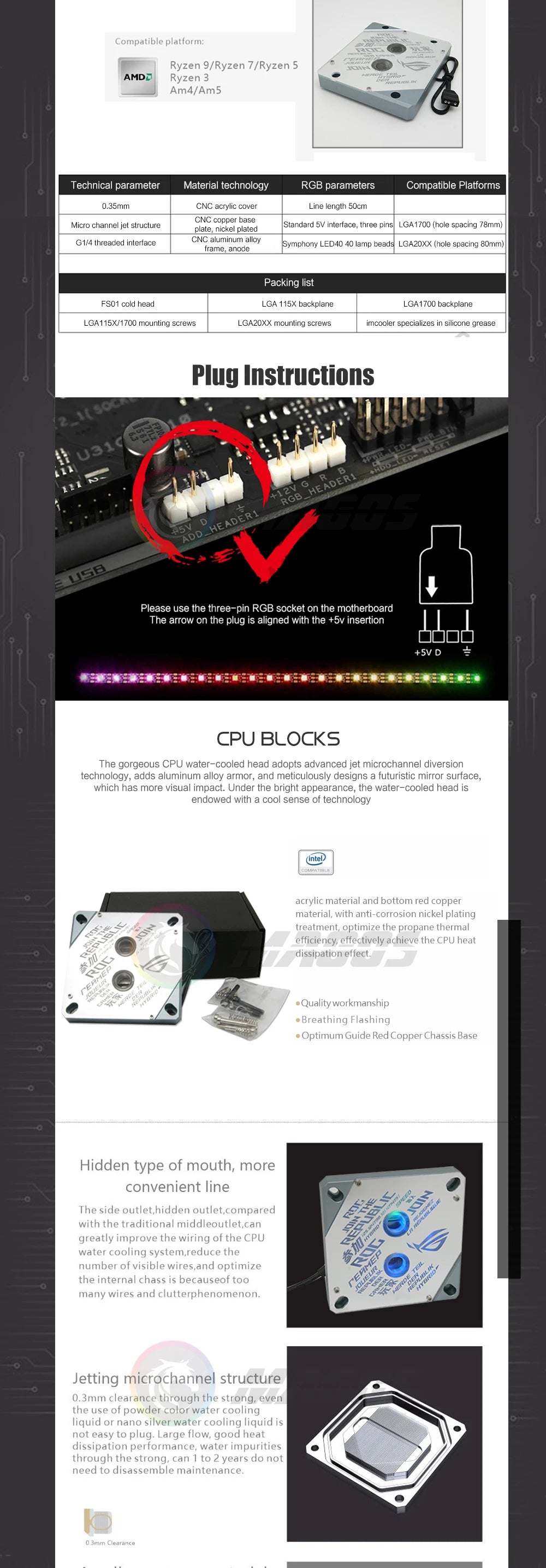 1700 CPU Water Block Mirror Surface ROG 5V ARGB SYNC Watercooler LGA1700 AM4 AM5 Platform Customized Available