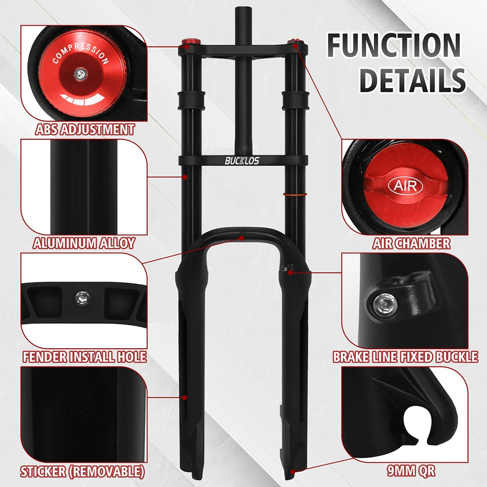 BUCKLOS 26*4.0 Snow Bike Fork Air Suspension Bicycle Fat Fork 4.0 Tire 9*135mm Mountain Bike Forks Beach E-Bike Forks