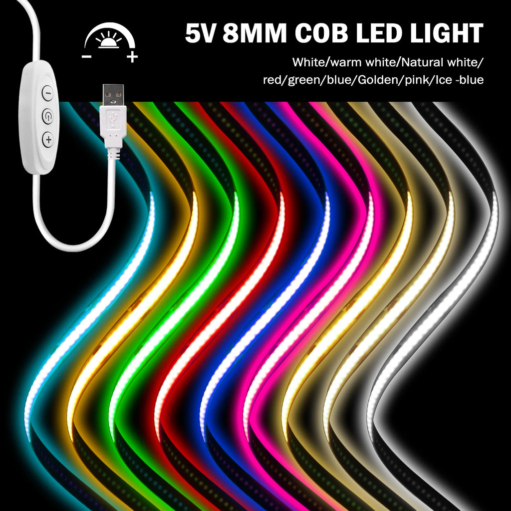 LED Light Strip USB With 3Keys Switch Dimmable DC5V COB 320Leds/m Blue/White/Red/Green Flex Adhesive Tape Night Lighting  3/5M