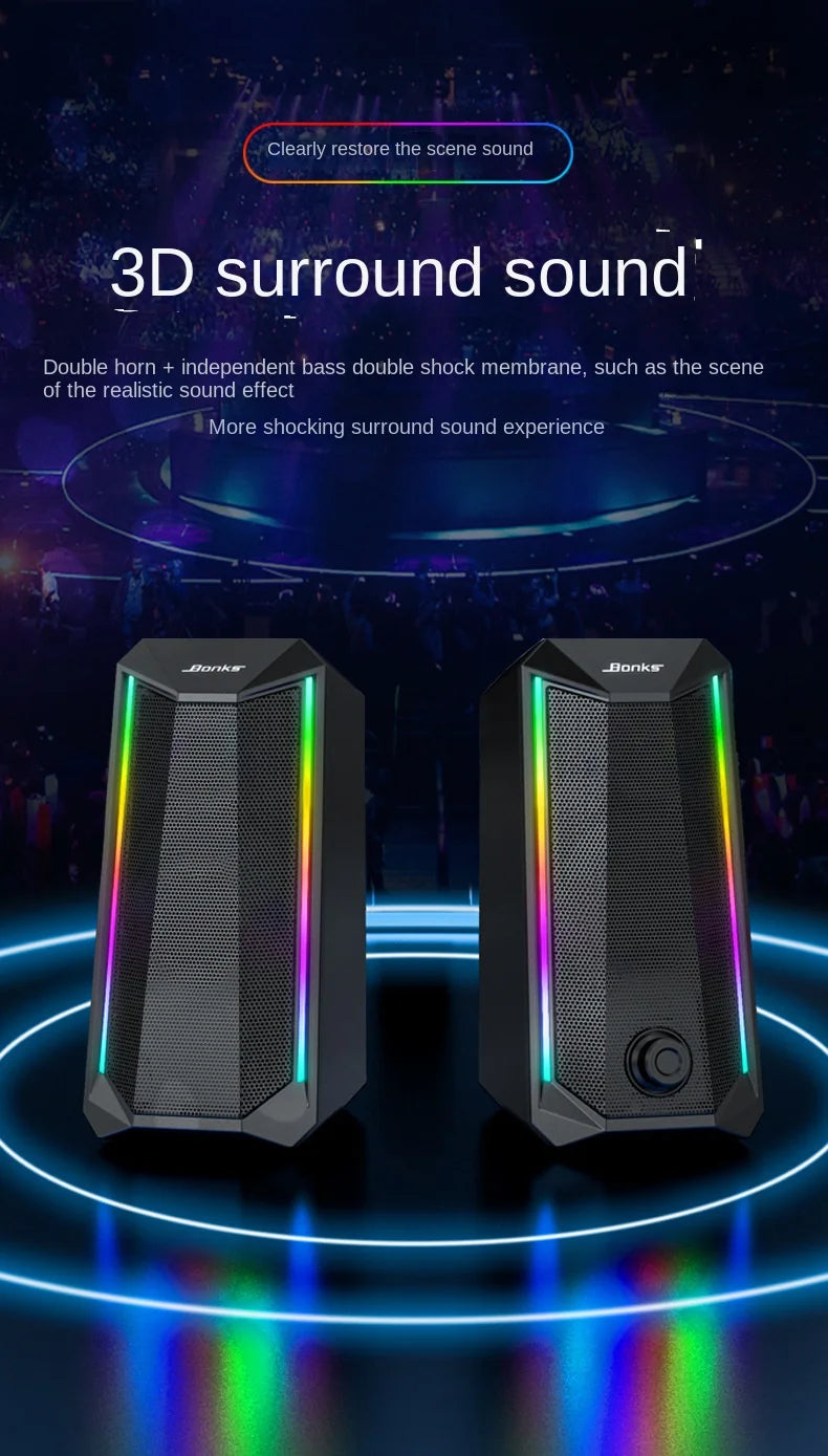Desktop Speakers, 2.0 Channel PC Computer HiFi Stereo Gaming Speaker with Colorful LED Light Modes, Enhanced Bass and Easy-Acces