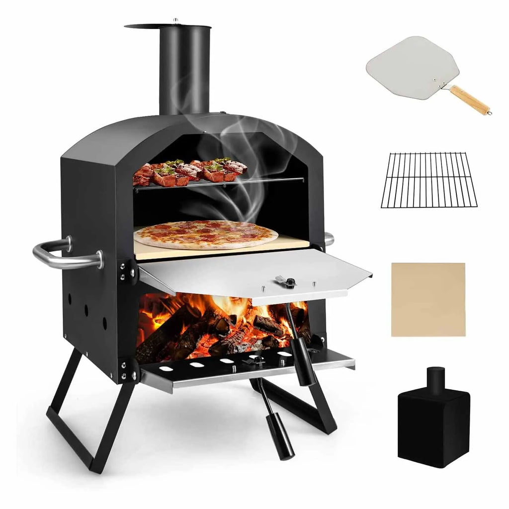 Outdoor Pizza Oven, 2-Layer Pizza Oven with Grill Grate, Pizza Stone, Pizza Shovel, Waterproof Cover, Heat Resistant Handles