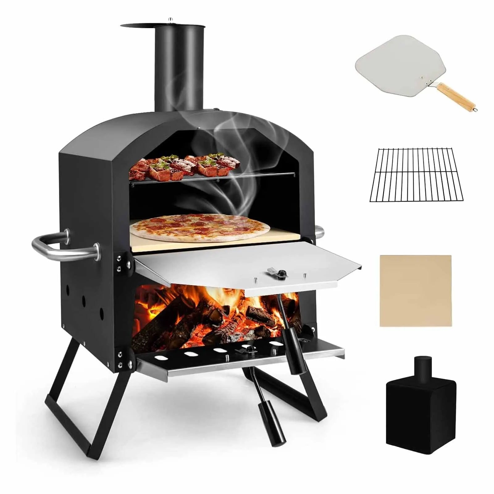 Outdoor Pizza Oven, 2-Layer Pizza Oven with Grill Grate, Pizza Stone, Pizza Shovel, Waterproof Cover, Heat Resistant Handles