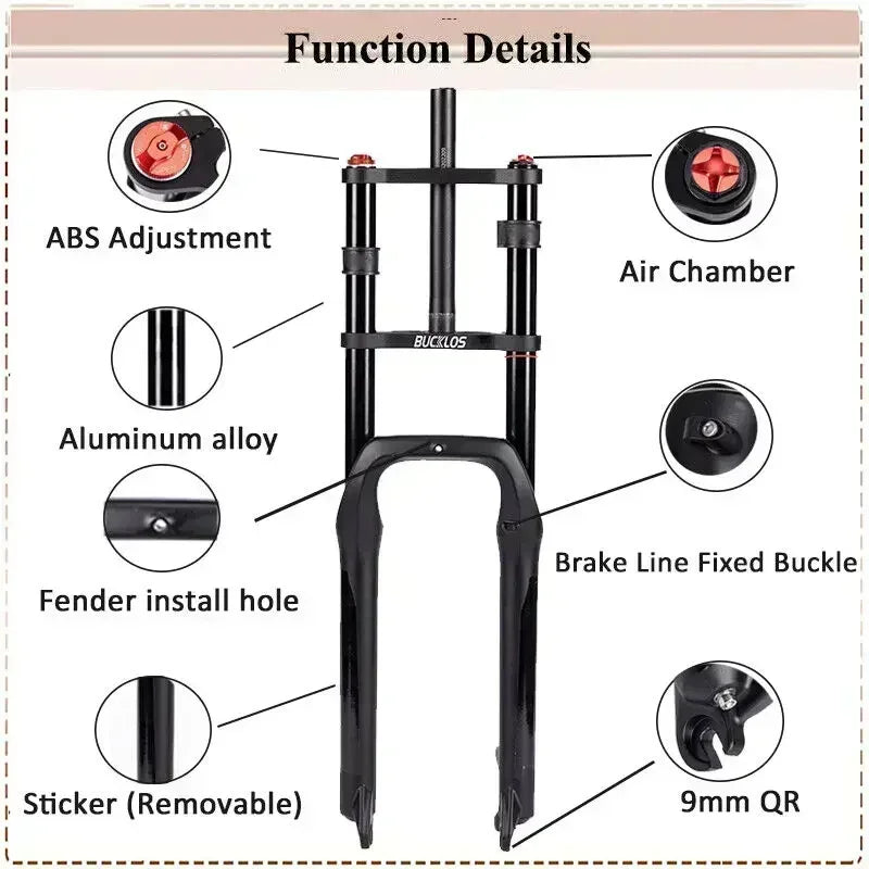 BUCKLOS Snow Fat Bike Fork 20*4.0 Inch / 26*4.0 Inch Air Suspension Fork Travel 180mm Double Shoulder E-Bike Fork Bicycle Parts