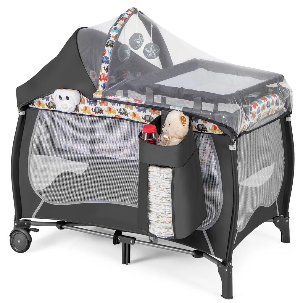4-in-1 Baby Cot, Portable Cot Travel Cot with Foldable Mattress, Changing Table, Canopy, Play Arch & Music Box