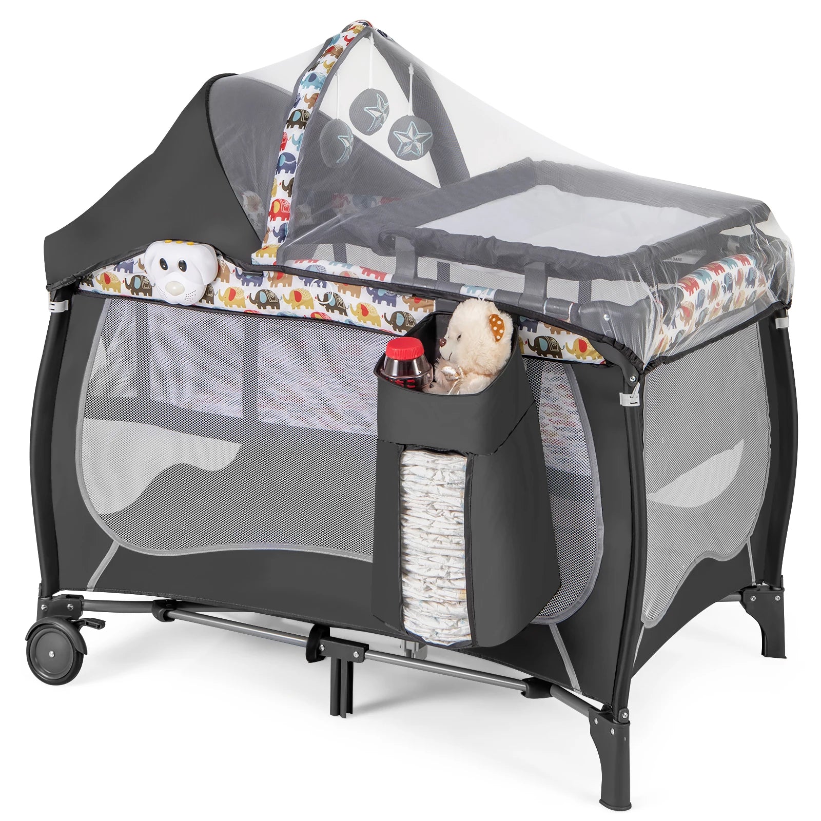4-in-1 Baby Cot, Portable Cot Travel Cot with Foldable Mattress, Changing Table, Canopy, Play Arch & Music Box
