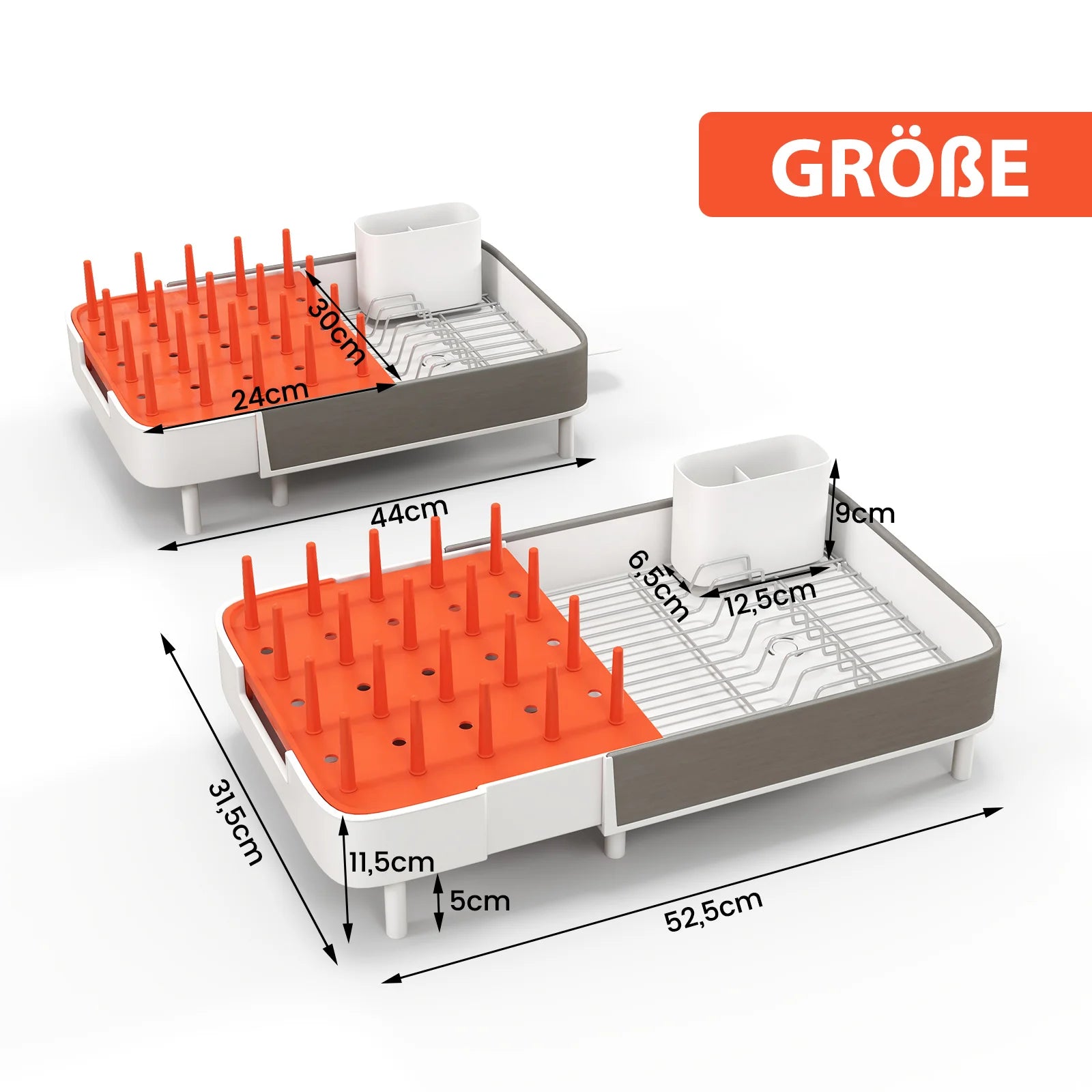 Adjustable Drainer Rack, Expandable Dish Rack with Removable Cutlery Holder & Cup Holder, 360 ° Rotating Outlet