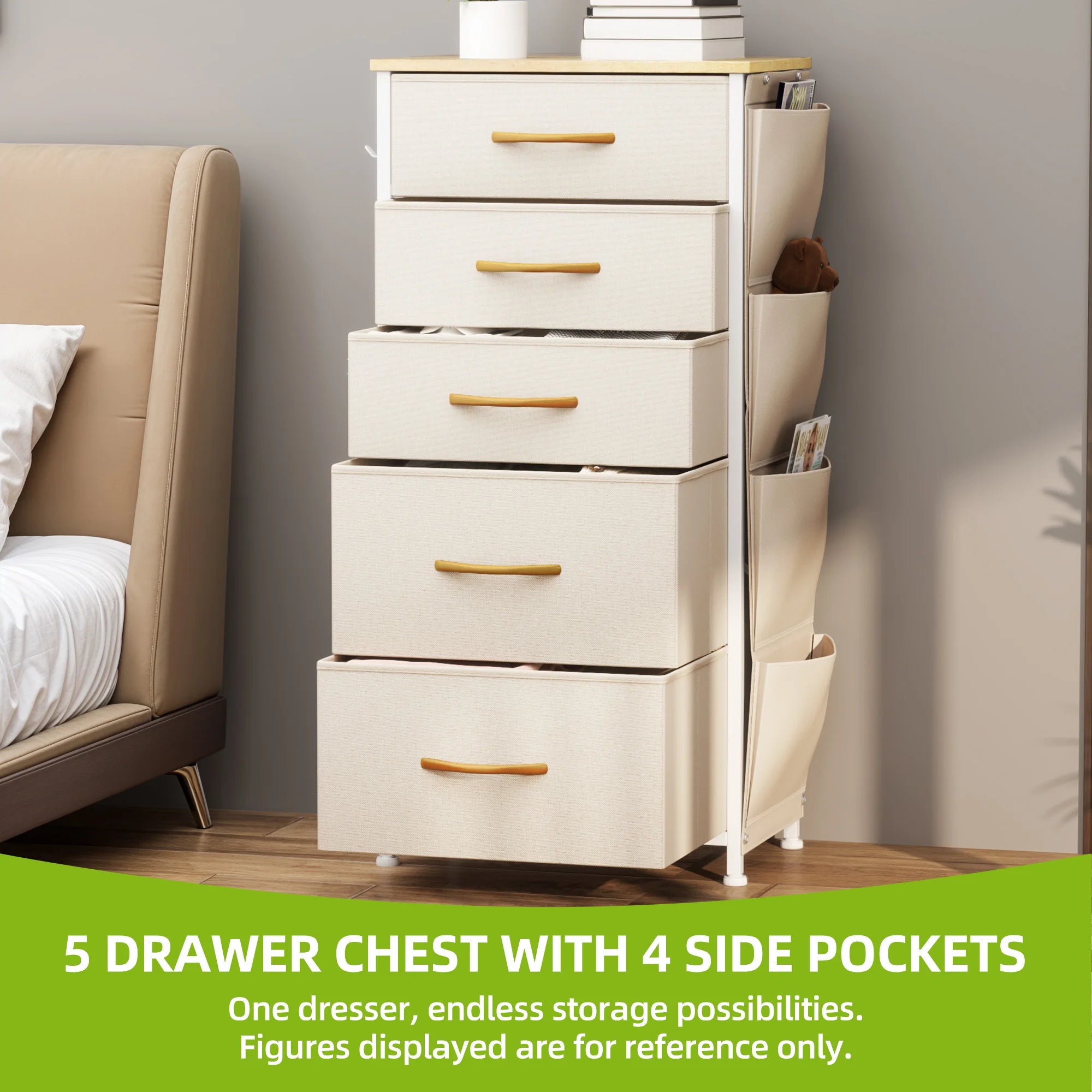 YITAHOME 5-Drawer Fabric Dresser w/Side Pockets & Hooks - Metal Frame & Wood Top for Bedroom, Nursery, Hallway (Beige)