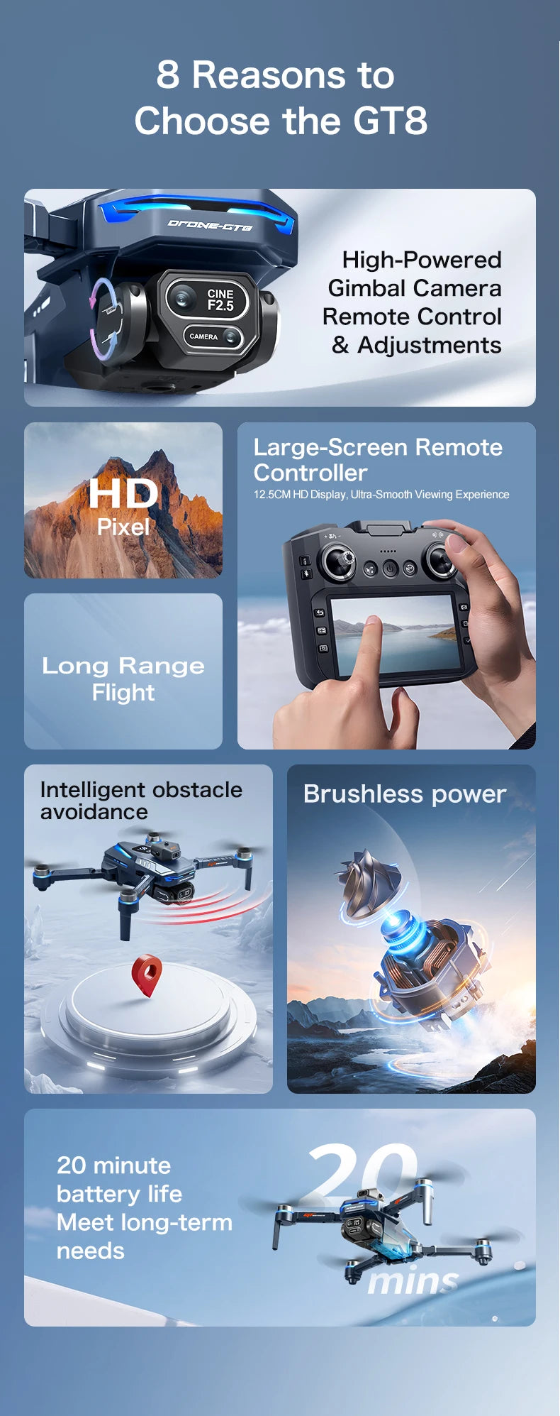 Original GT8 drone 8K HD dual camera aerial photography obstacle avoidance with large screen brushless four-axis aircraft dron