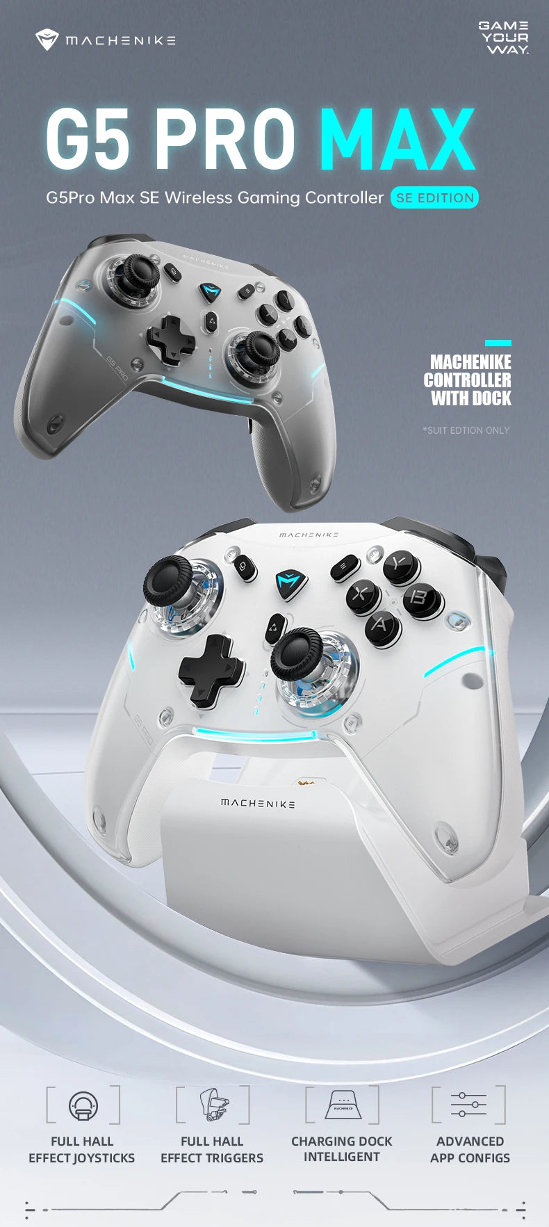 MACHENIKE G5Pro Max SE Gaming Controller Charging Dock Optional Hall Effect Joysticks Triggers RGB Light Wireless Gamepad