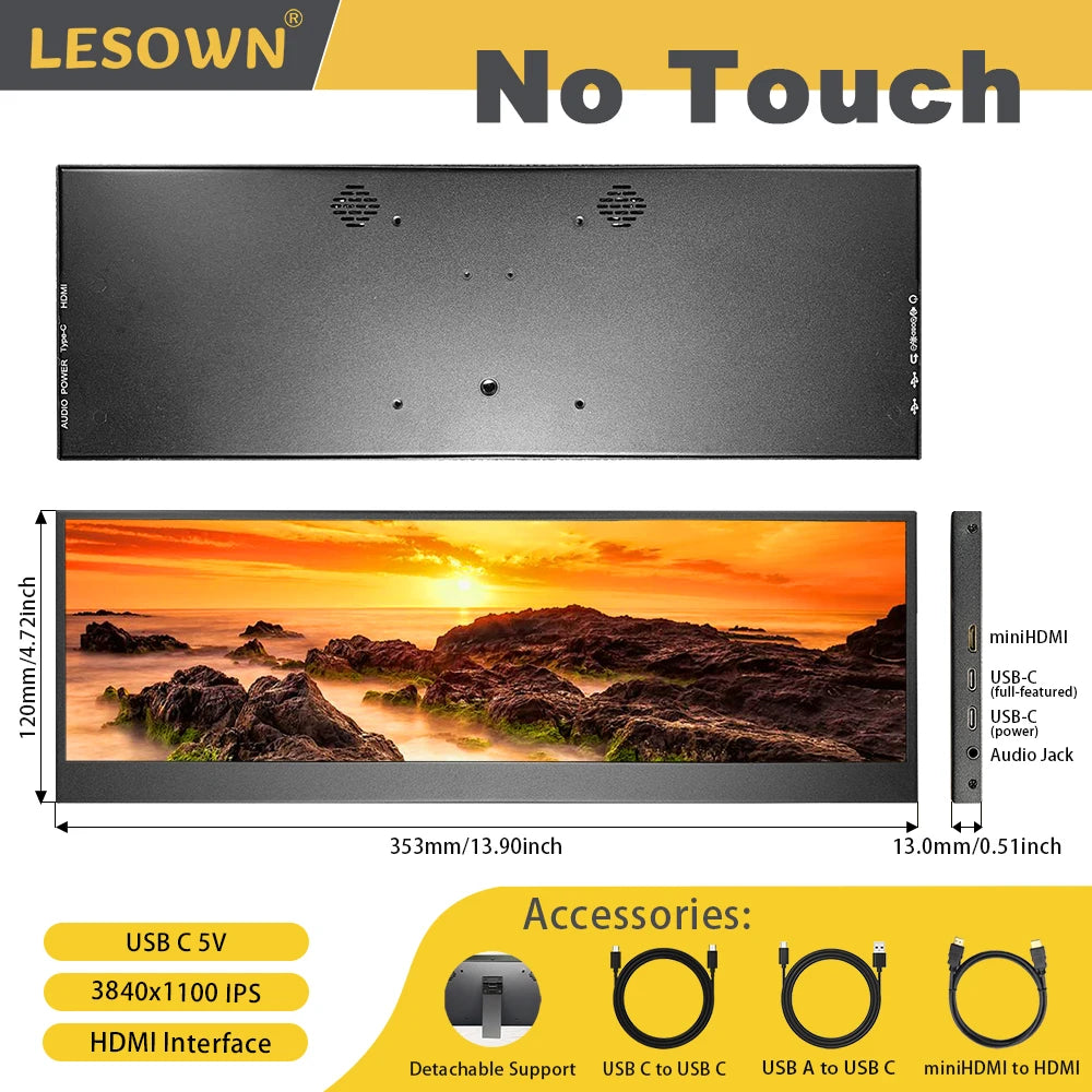 LESOWN 14.1 inch Long Portable Monitor 4K Ultra Wide Touch Screen Capacitive USB C HDMI IPS Laptop PC External LCD Monitor