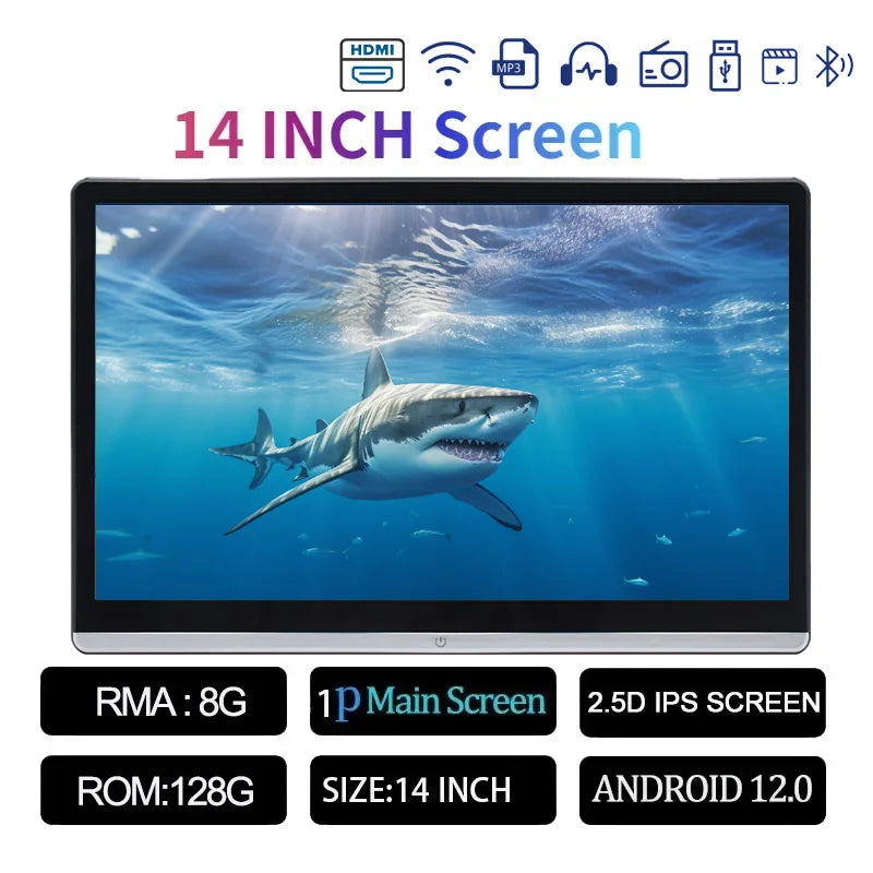 13.3/14" Car Headrest Monitor Display IPS Android 12 2G+32G/4G+64G/8G+128G Touch Screen For Car Rear Seat Player Dual HDMI Music