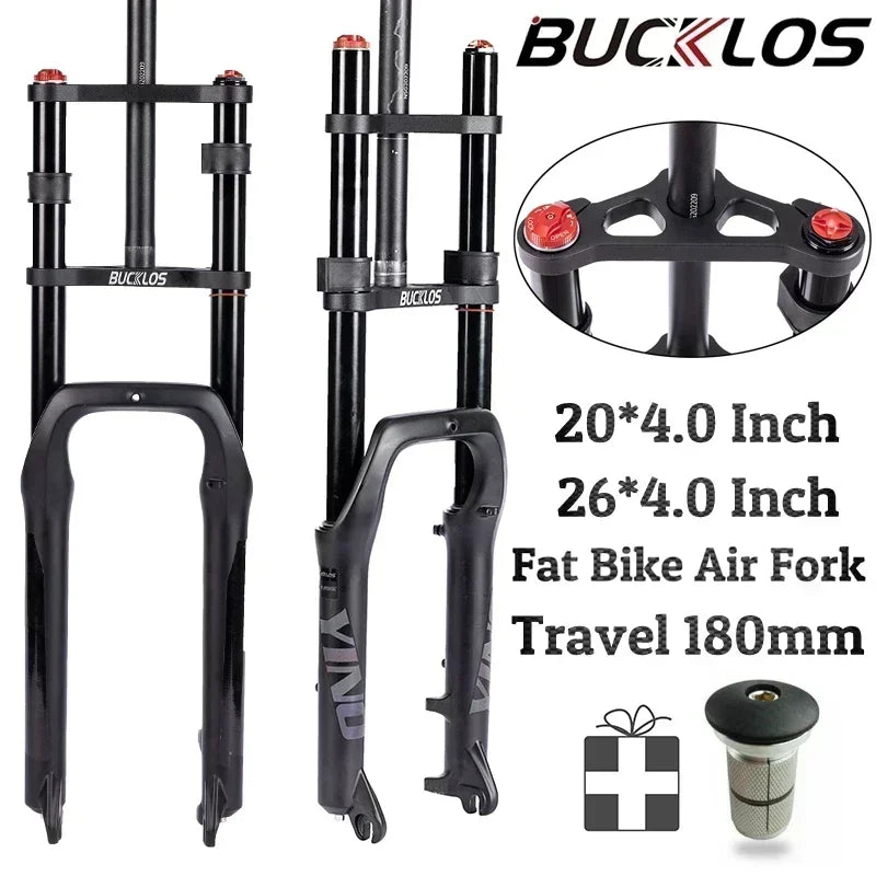 BUCKLOS Snow Fat Bike Fork 20*4.0 Inch / 26*4.0 Inch Air Suspension Fork Travel 180mm Double Shoulder E-Bike Fork Bicycle Parts