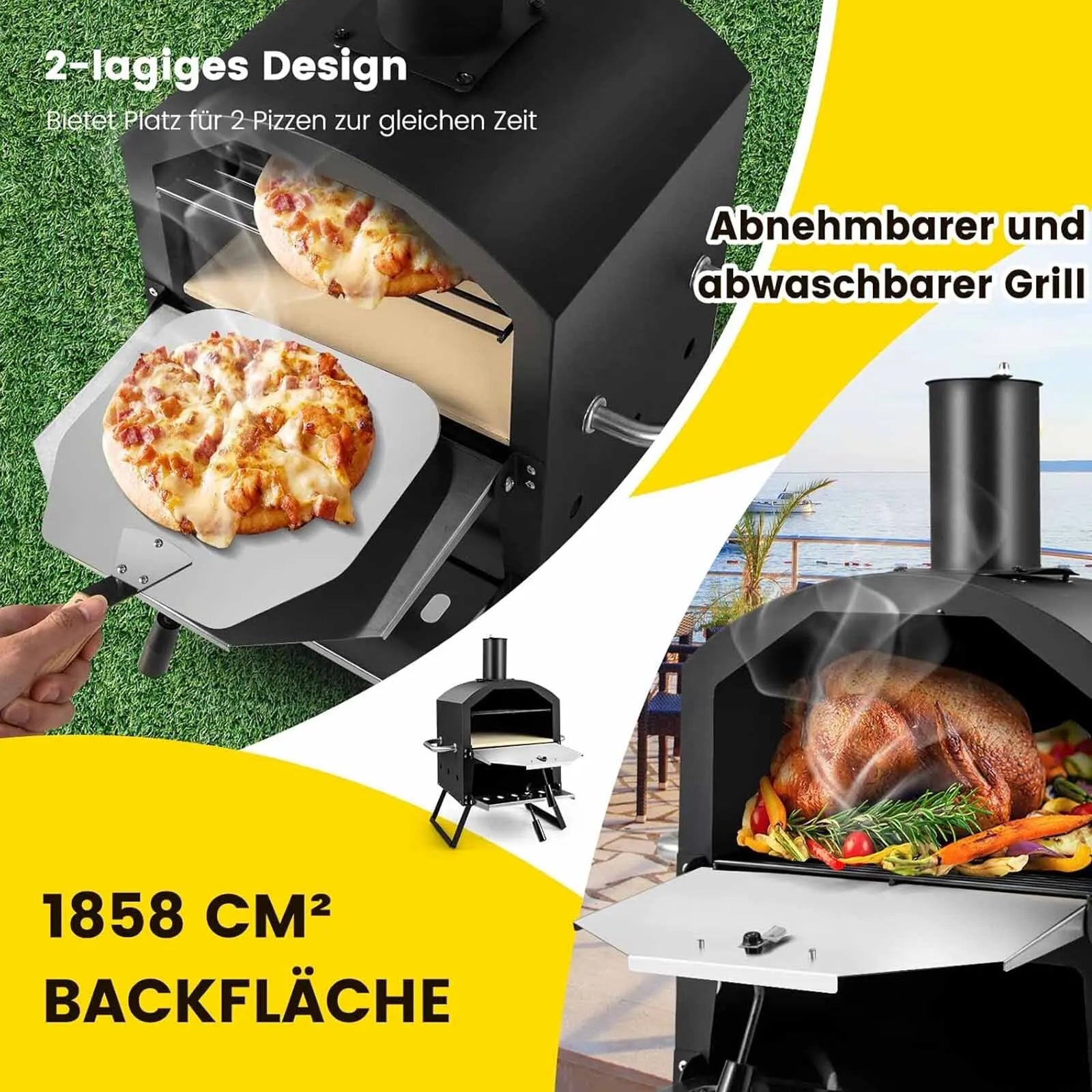 Outdoor Pizza Oven, 2-Layer Pizza Oven with Grill Grate, Pizza Stone, Pizza Shovel, Waterproof Cover, Heat Resistant Handles