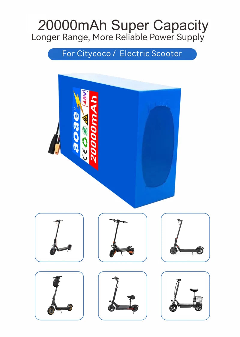 48V Battery Electric Scooter 13S8P 20Ah 18650 Grade-A Cells Battery Pack 2000W Built-in 50A BMS Long Range Safe & Durable