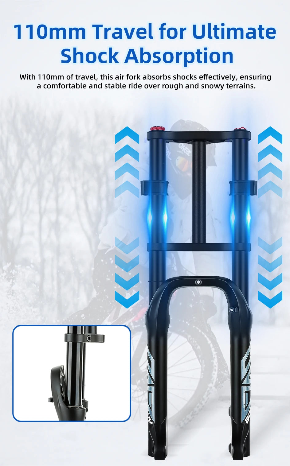 BOLANY Bicycle Snow Front Fork 20 inch 26 inch 4.0 Tire MTB Bike Fork 110mm Travel Double Shoulder Air Supension for E-Bike