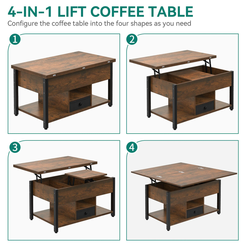YITAHOME Lift Top 4-in-1 Coffee Table - Dining Table Convertible with Storage Drawers for Living Room