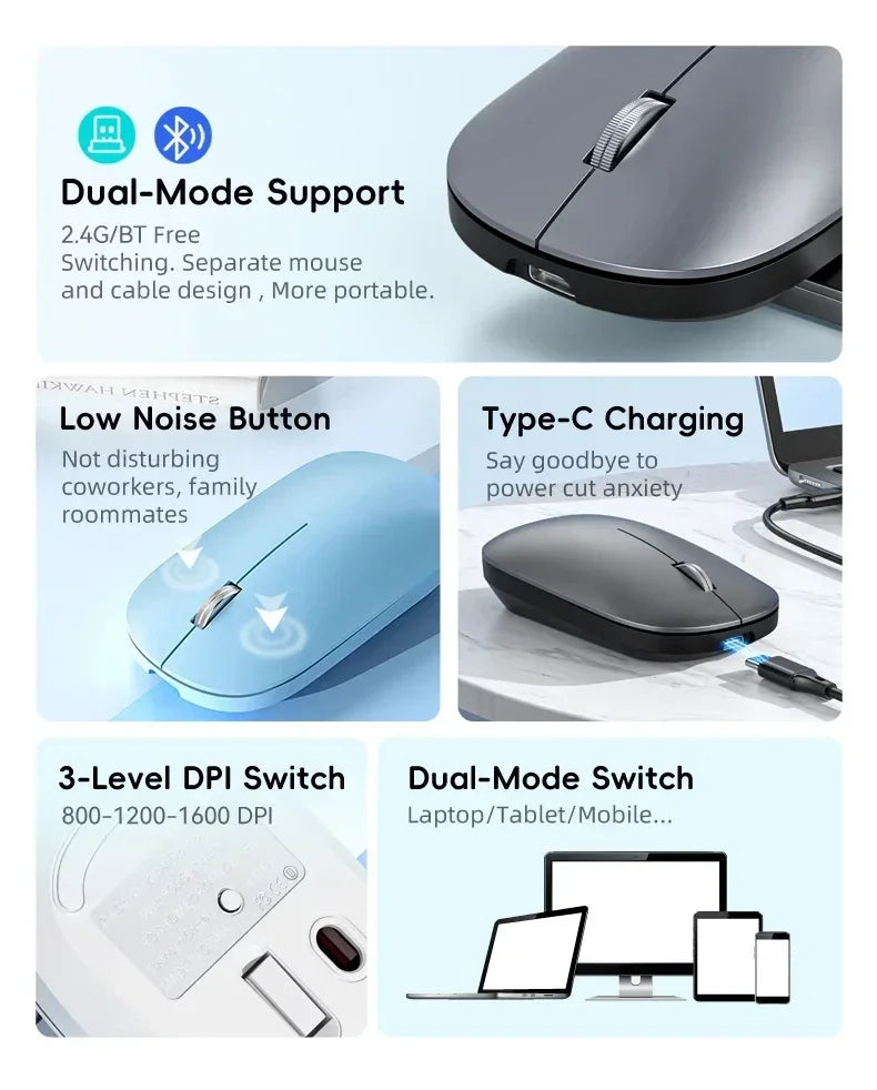 Wireless Mouse Bluetooth Silent 2.4G Dual-mode Type-C Charging Ergonomic Morandi Portable Laptop Office Gaming Mouse