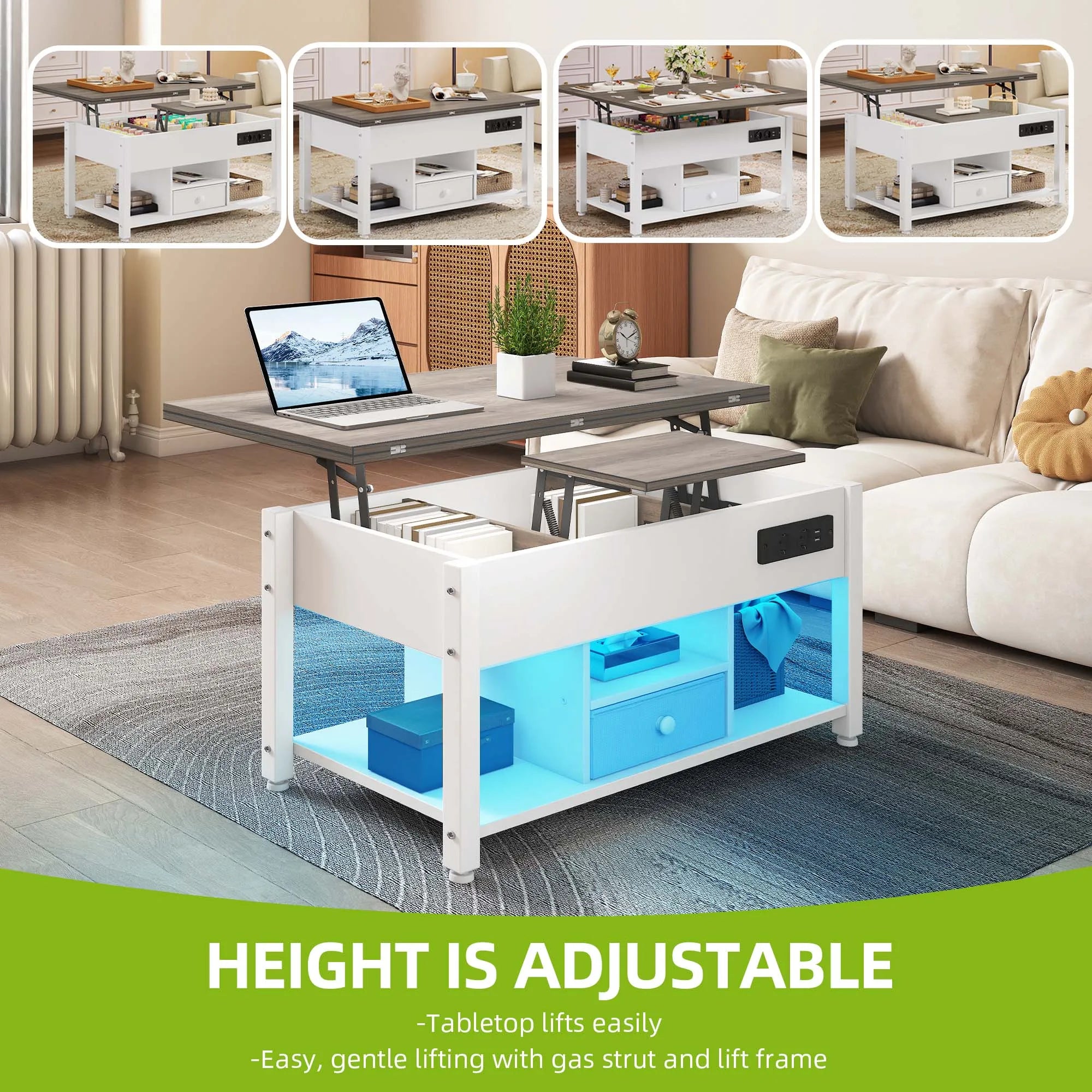 YITAHOME White & Grey 4-in-1 Coffee Table - Adjustable Height, Converts to Dining Table with Storage & LED Lighting