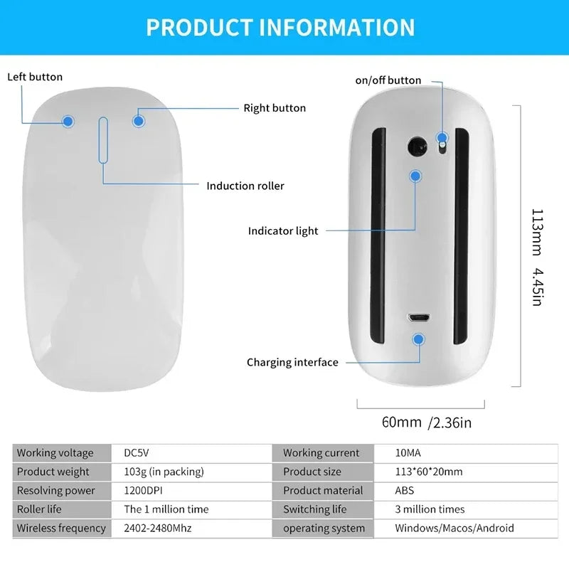 Wireless Bluetooth Mouse Multi-Touch Ergonomic Silent Mouse Type-C Charging Portable Laptop Office Gaming Universal Mouse