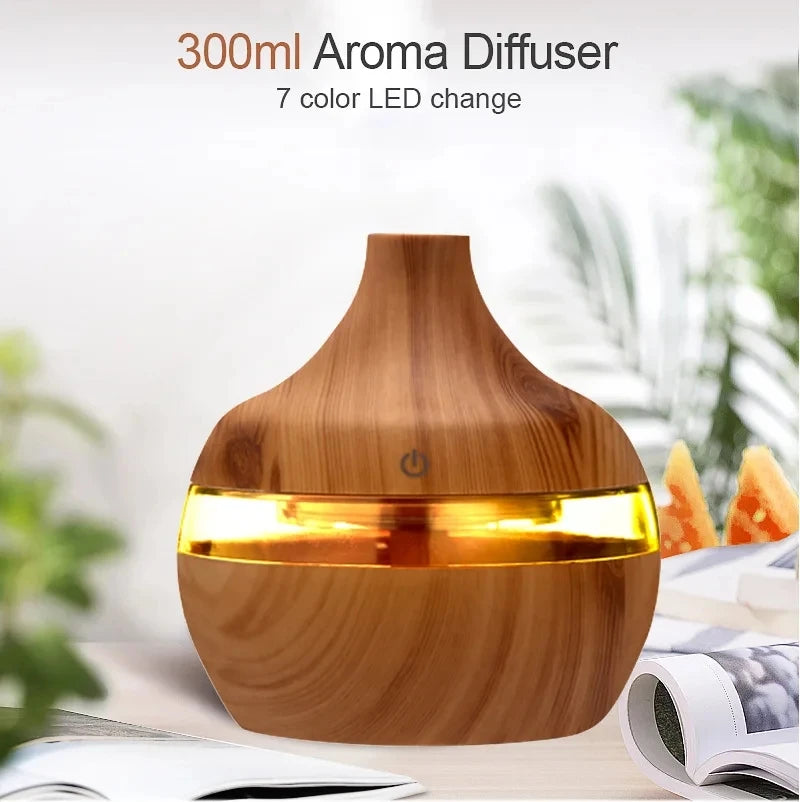 300ml High Quality Aromatherapy Essential Oil Diffuser Wood Grain Remote Control Ultrasonic Air Humidifier with 7 Colors Light