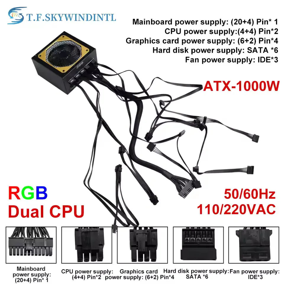 1000W RGB Dual CPU PC PSU PC Power Supply For Computer Gaming PFC Silent Fan ATX Support 3070/3080/3090 GPU Card Full Modular