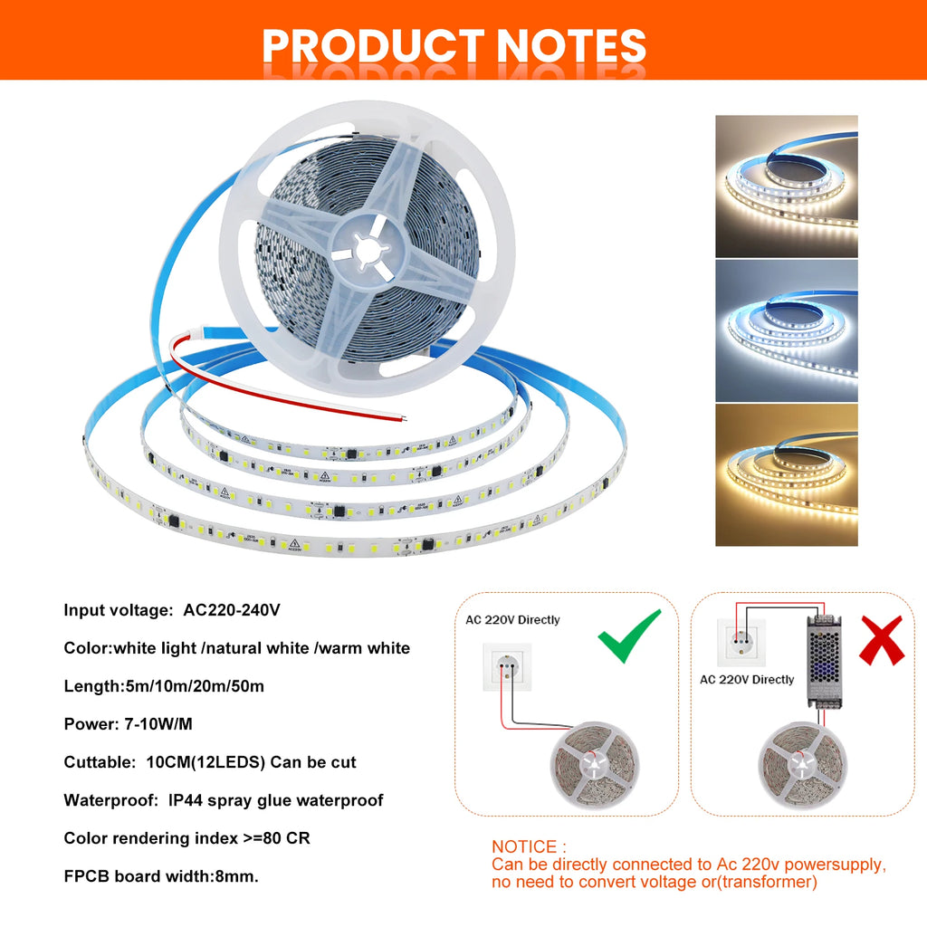 10m 20m 50m 220V 2835 LED Strip Light No Need Driver High Bright 120LEDs/M Flexible Tape Lights IP44 Waterproof Home Lighting
