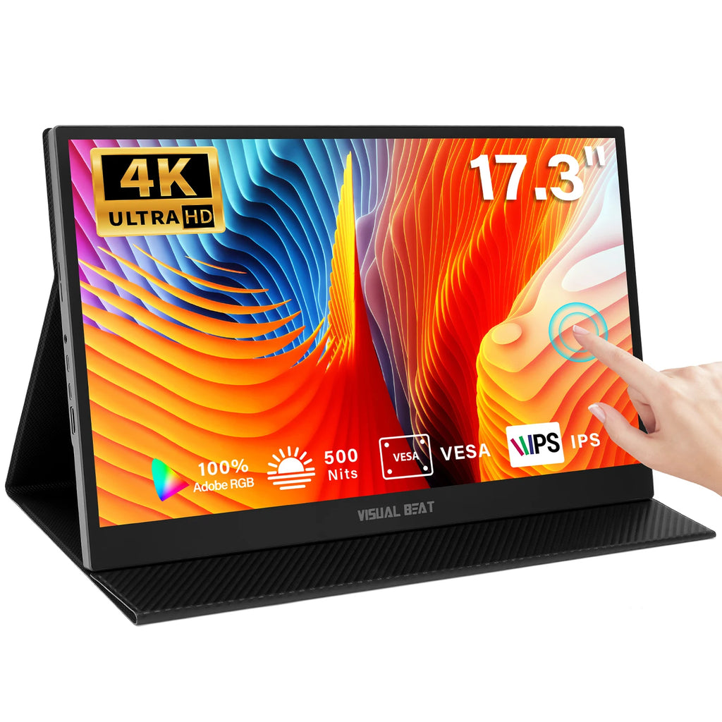 17.3inch 4K Portable TouchScreen Monitor, 500Nits 100% AdobeRGB IPS HDR Travel Display, USB, Type-C & HDMI, Dual Speakers, VESA